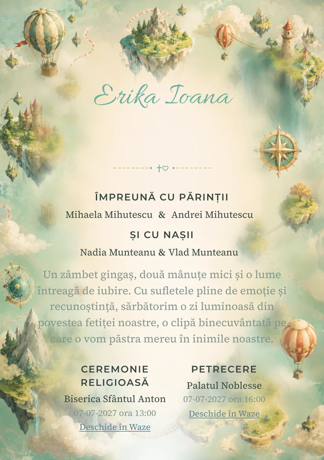 Compoziția Insule Plutitoare, din gama de invitații botez, pune accent pe o hartă ilustrată cu insule plutitoare și trasee și include poduri, baloane și forme de busolă.