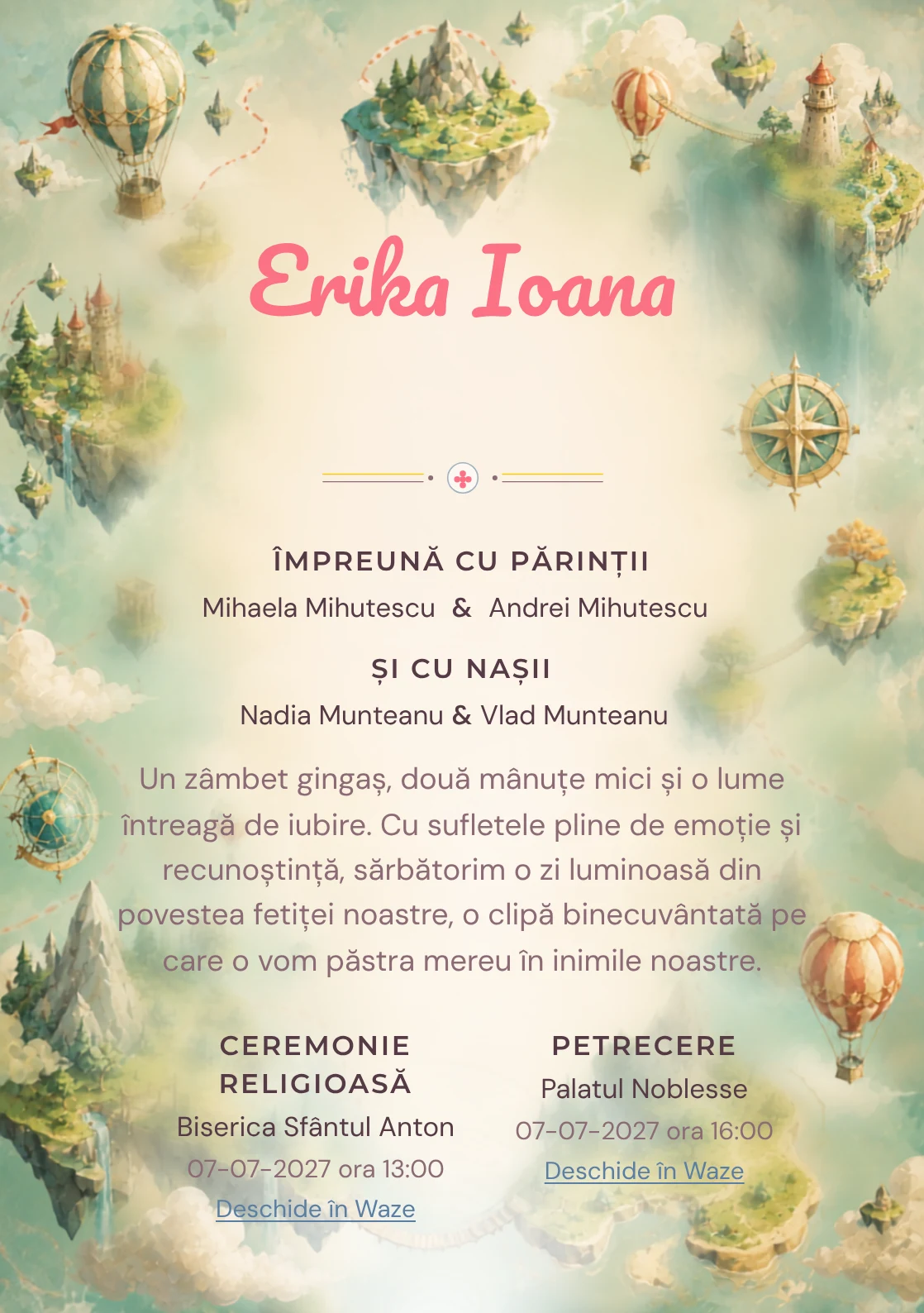 Compoziția Insule Plutitoare, din gama de invitații botez, pune accent pe o hartă ilustrată cu insule plutitoare și trasee și include poduri, baloane și forme de busolă.