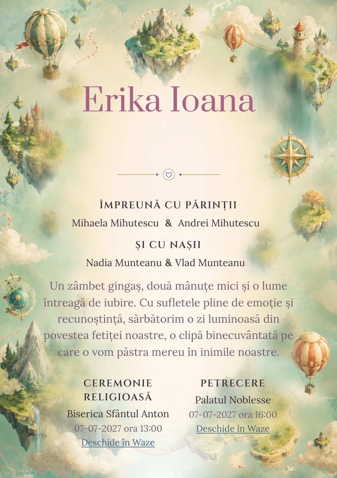 Compoziția Insule Plutitoare, din gama de invitații botez, pune accent pe o hartă ilustrată cu insule plutitoare și trasee și include poduri, baloane și forme de busolă.