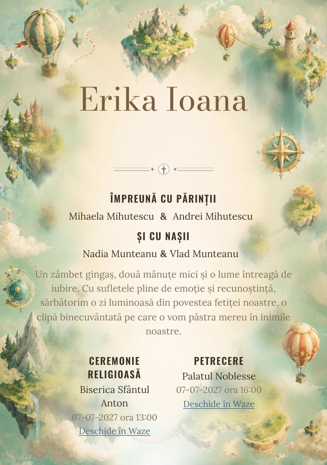 Compoziția Insule Plutitoare, din gama de invitații botez, pune accent pe o hartă ilustrată cu insule plutitoare și trasee și include poduri, baloane și forme de busolă.