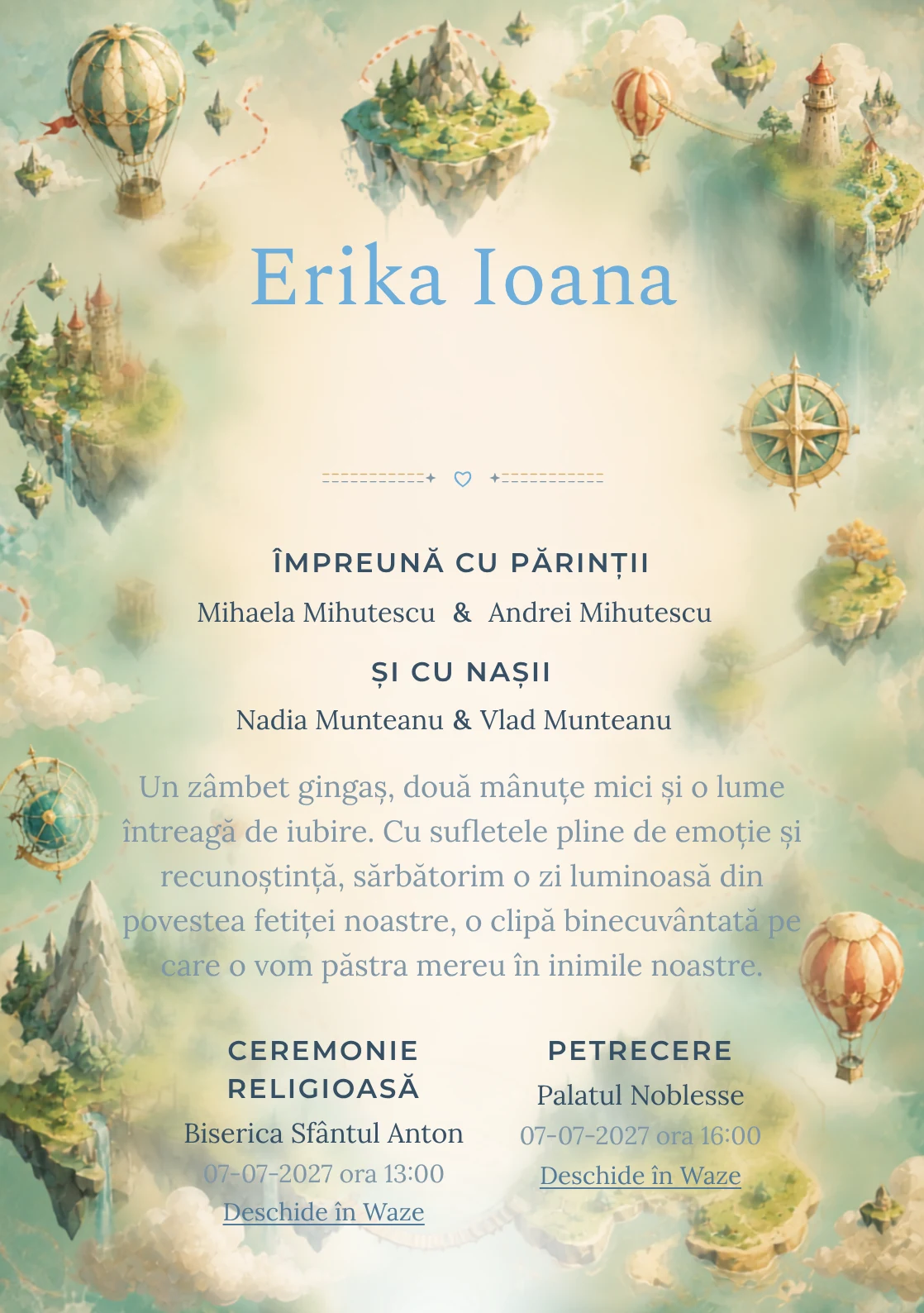 Compoziția Insule Plutitoare, din gama de invitații botez, pune accent pe o hartă ilustrată cu insule plutitoare și trasee și include poduri, baloane și forme de busolă.