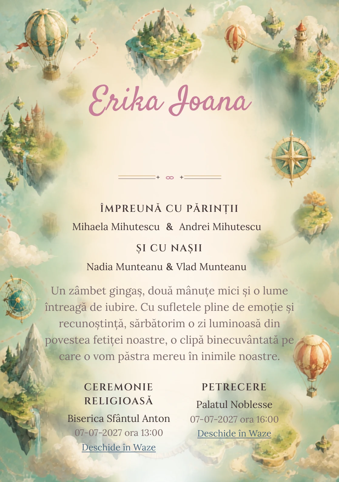 Compoziția Insule Plutitoare, din gama de invitații botez, pune accent pe o hartă ilustrată cu insule plutitoare și trasee și include poduri, baloane și forme de busolă.