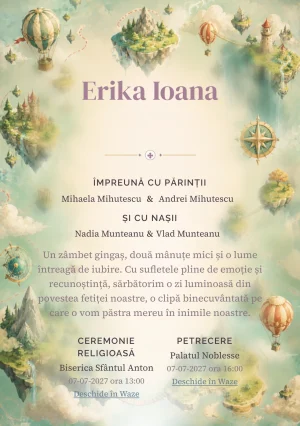 Compoziția Insule Plutitoare, din gama de invitații botez, pune accent pe o hartă ilustrată cu insule plutitoare și trasee și include poduri, baloane și forme de busolă.