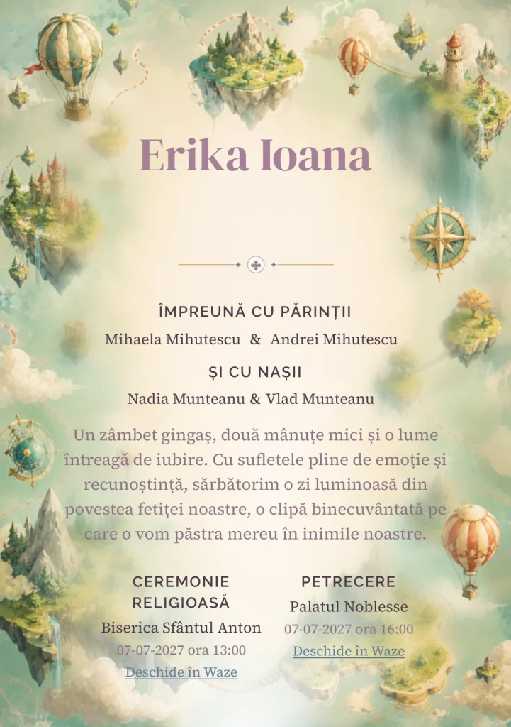 Compoziția Insule Plutitoare, din gama de invitații botez, pune accent pe o hartă ilustrată cu insule plutitoare și trasee și include poduri, baloane și forme de busolă.