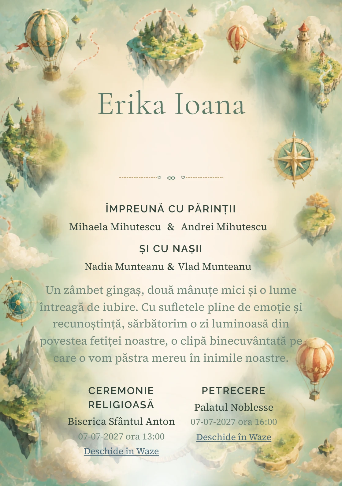 Compoziția Insule Plutitoare, din gama de invitații botez, pune accent pe o hartă ilustrată cu insule plutitoare și trasee și include poduri, baloane și forme de busolă.