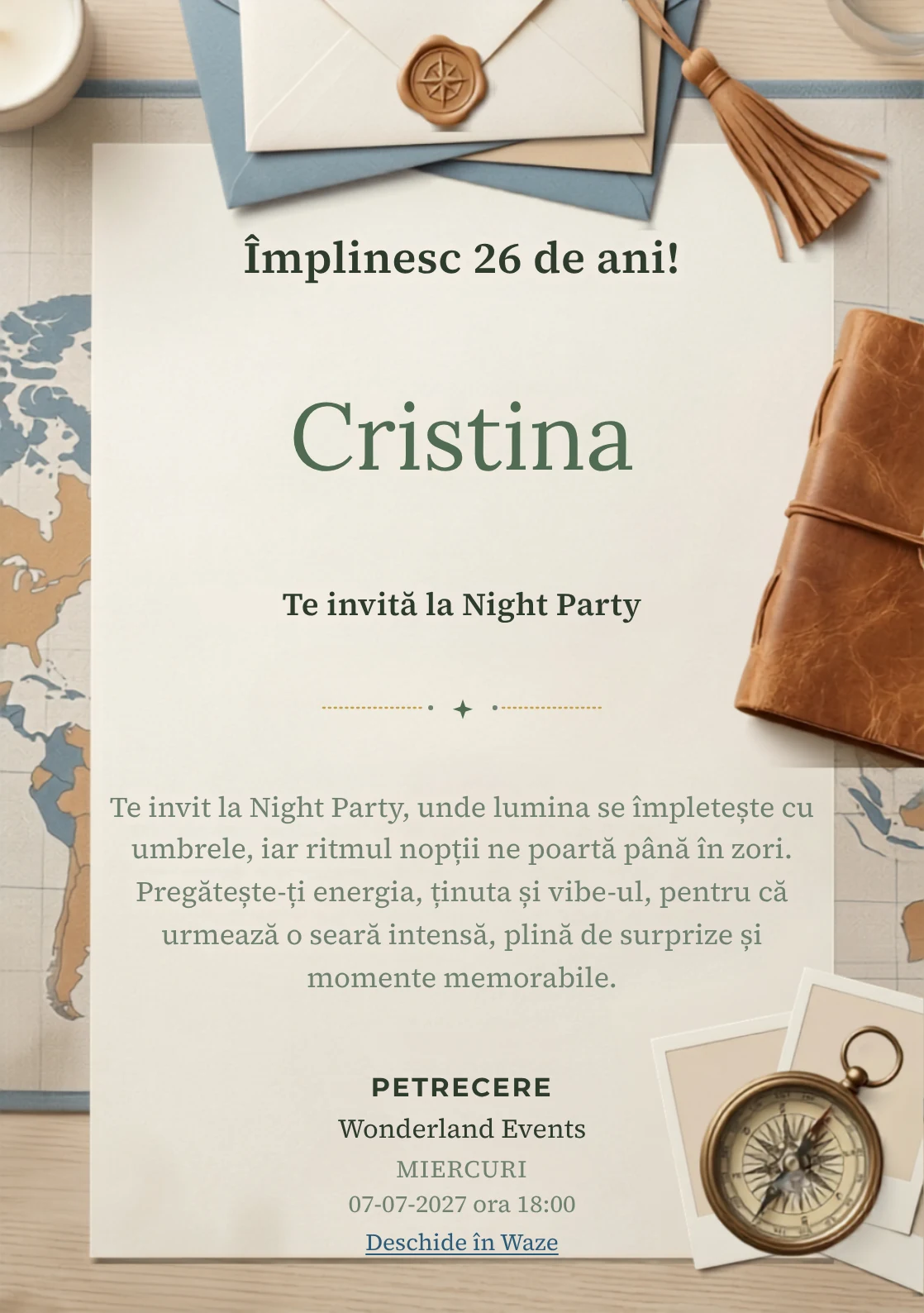 Jurnal de Călătorie este un model de invitații digitale pentru o aniversare adultă, definit vizual de un carnet, busolă și fotografii.