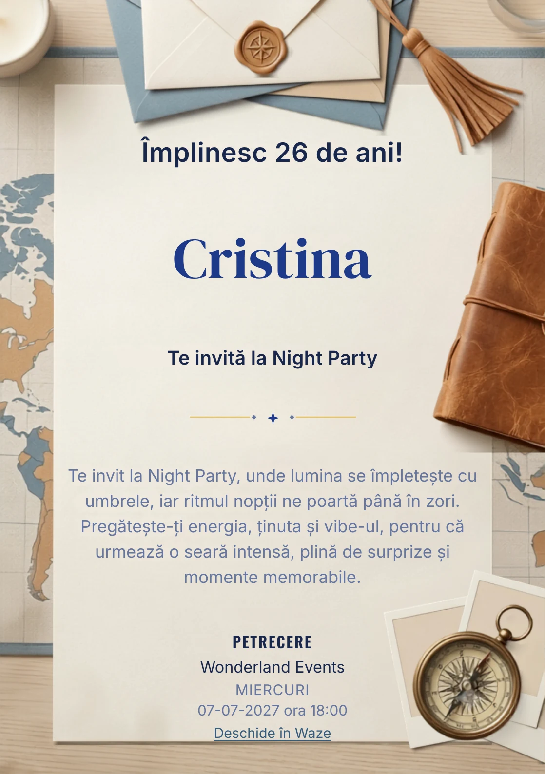 Jurnal de Călătorie este un model de invitații digitale pentru o aniversare adultă, definit vizual de un carnet, busolă și fotografii.