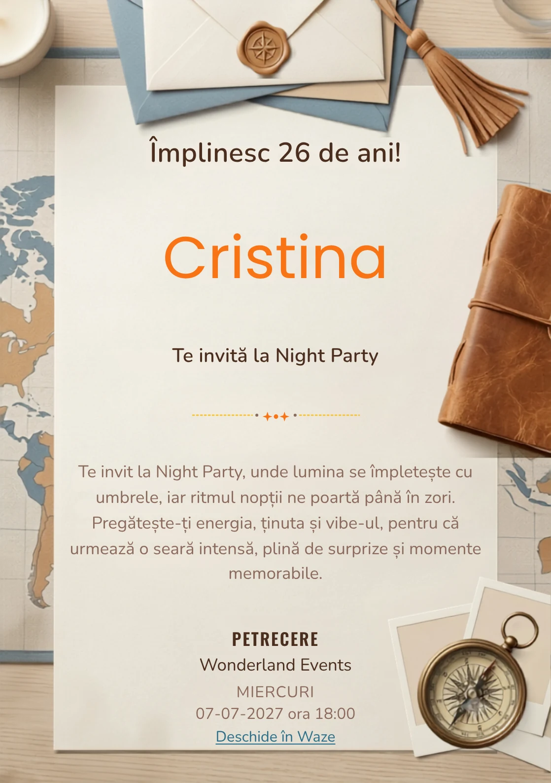 Jurnal de Călătorie este un model de invitații digitale pentru o aniversare adultă, definit vizual de un carnet, busolă și fotografii.