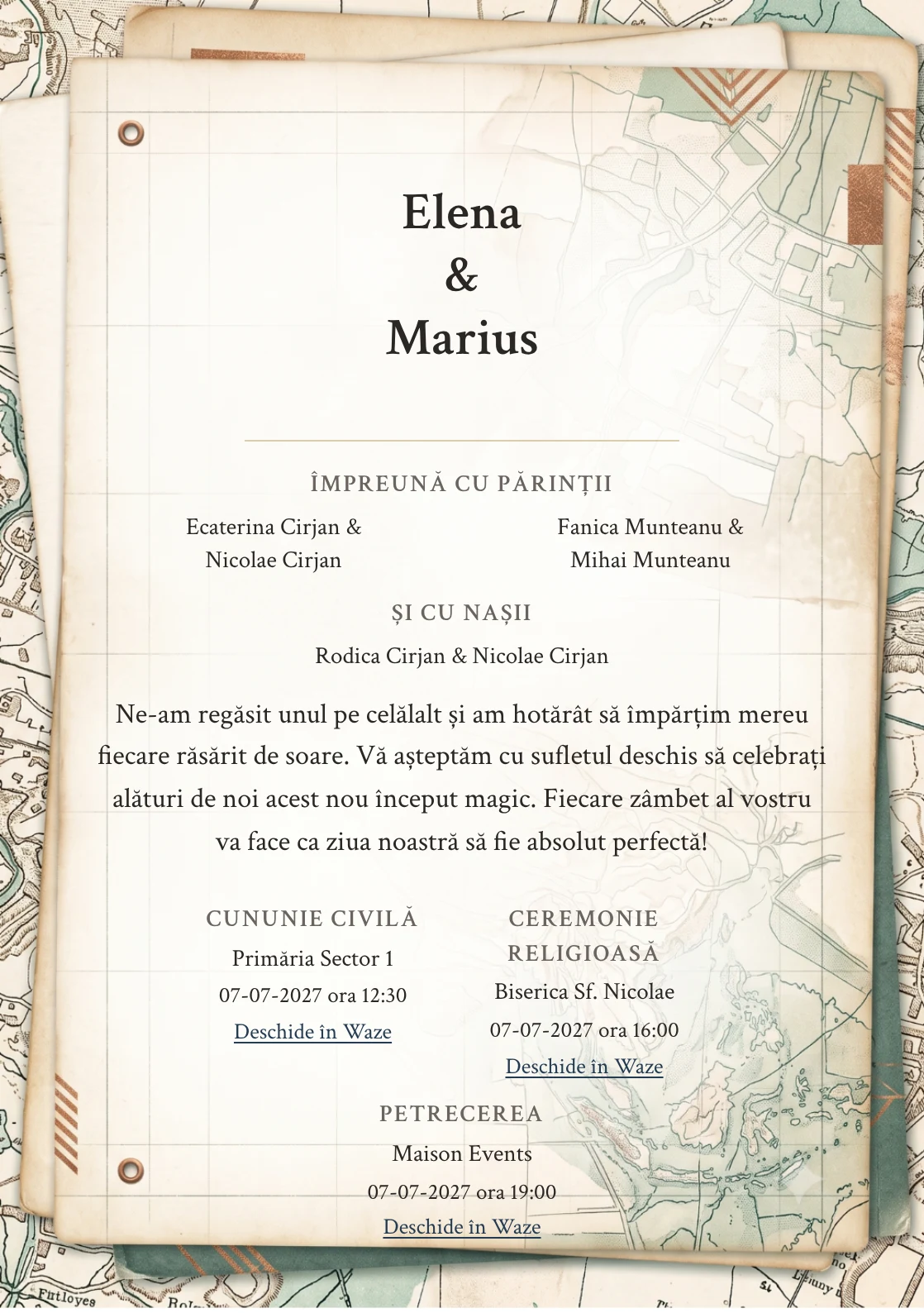 Jurnal de Drum, pentru o invitație de nuntă, pune accent pe straturi de jurnal, alături de tonuri de sepia deschis, alb fildeș și verde petrol stins.