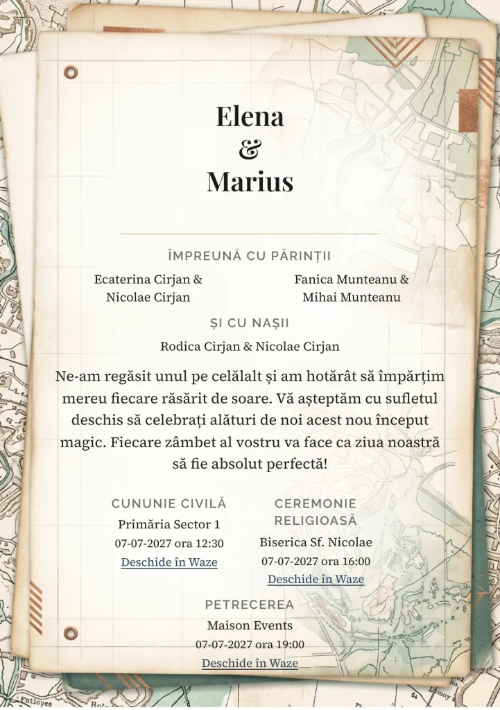 Jurnal de Drum, pentru o invitație de nuntă, pune accent pe straturi de jurnal, alături de tonuri de sepia deschis, alb fildeș și verde petrol stins.