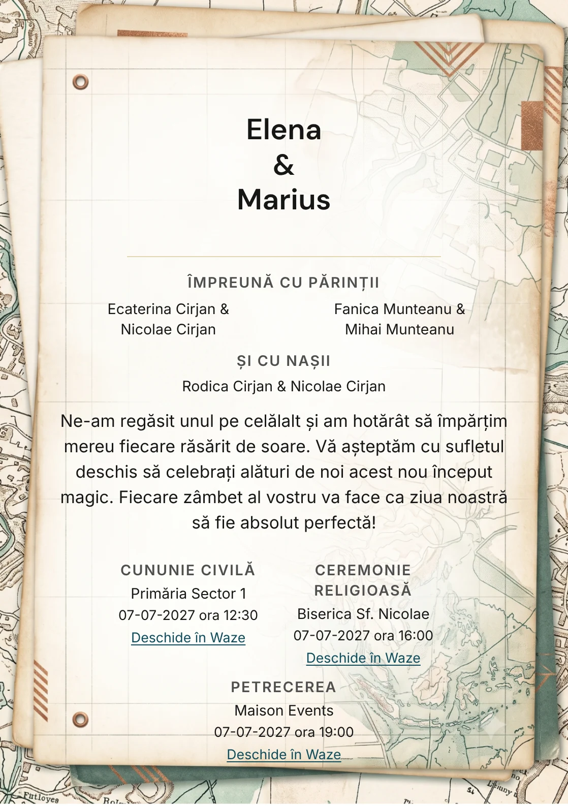 Jurnal de Drum, pentru o invitație de nuntă, pune accent pe straturi de jurnal, alături de tonuri de sepia deschis, alb fildeș și verde petrol stins.