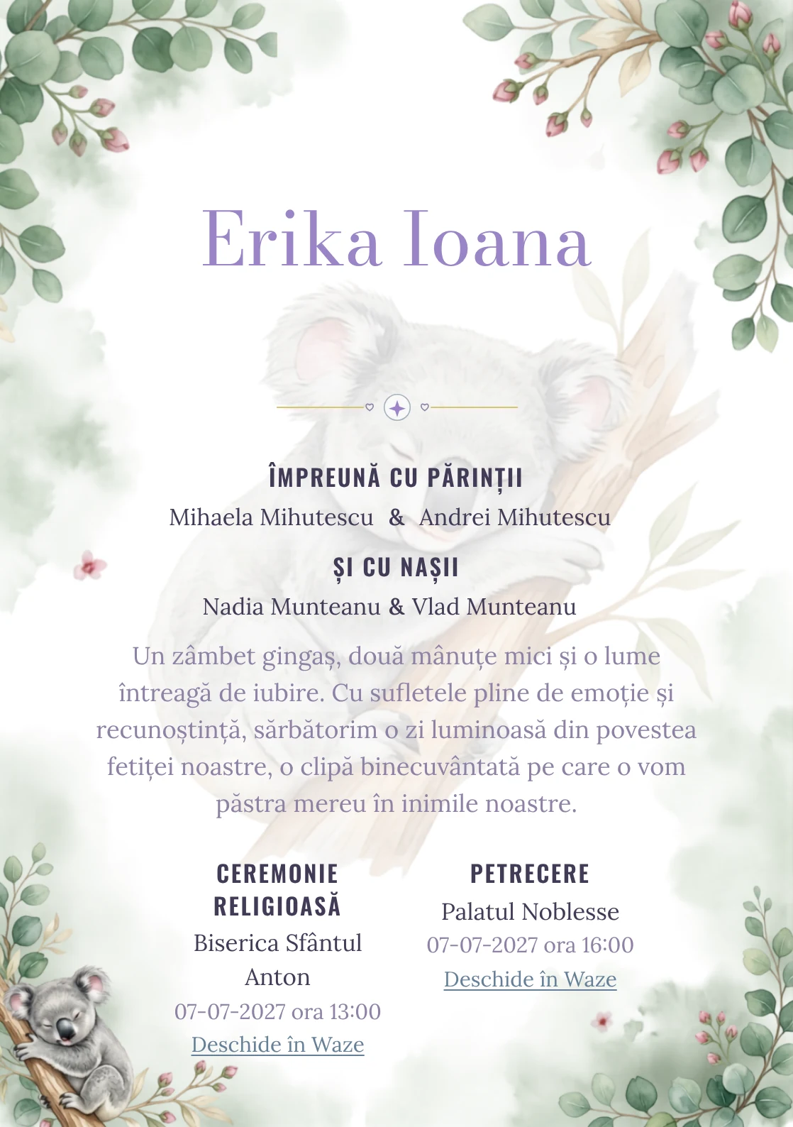 Koala Adormit, din gama de invitații botez, are ca reper vizual un koala dormitând pe o ramură de eucalipt; compoziția include frunze rotunde, boboci și ceață vegetală.