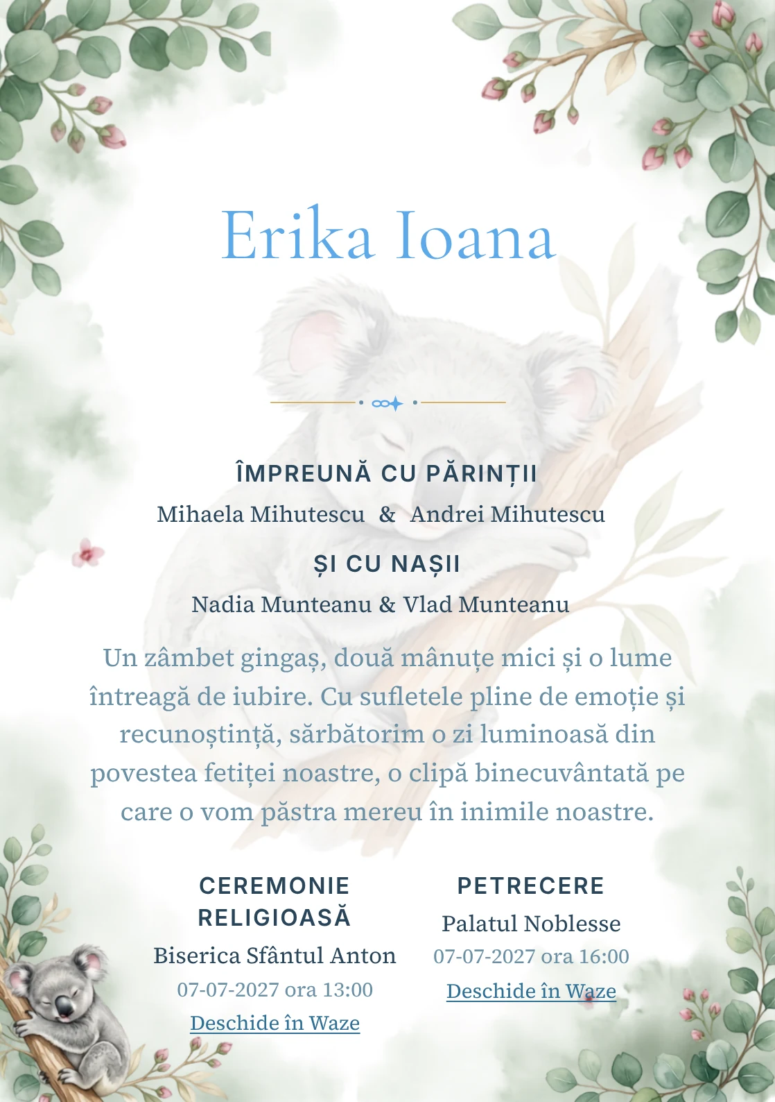 Koala Adormit, din gama de invitații botez, are ca reper vizual un koala dormitând pe o ramură de eucalipt; compoziția include frunze rotunde, boboci și ceață vegetală.