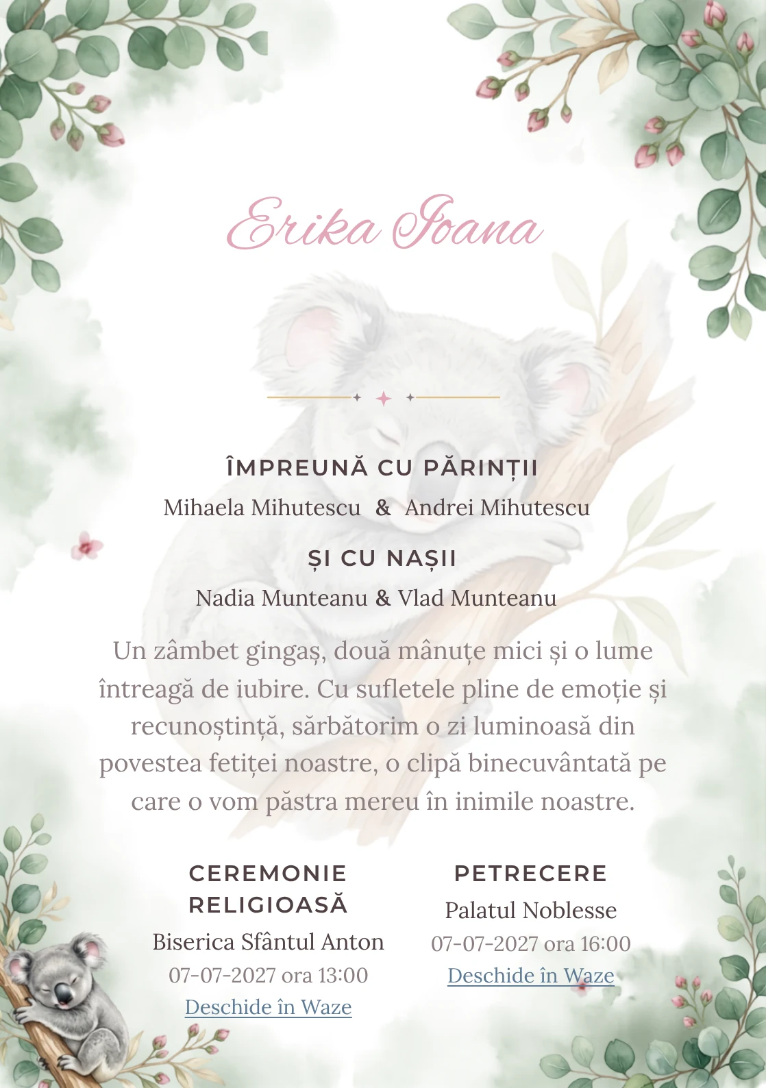 Koala Adormit, din gama de invitații botez, are ca reper vizual un koala dormitând pe o ramură de eucalipt; compoziția include frunze rotunde, boboci și ceață vegetală.