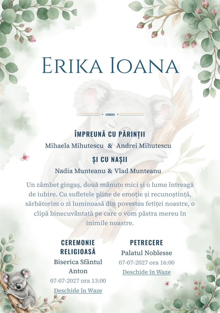 Koala Adormit, din gama de invitații botez, are ca reper vizual un koala dormitând pe o ramură de eucalipt; compoziția include frunze rotunde, boboci și ceață vegetală.