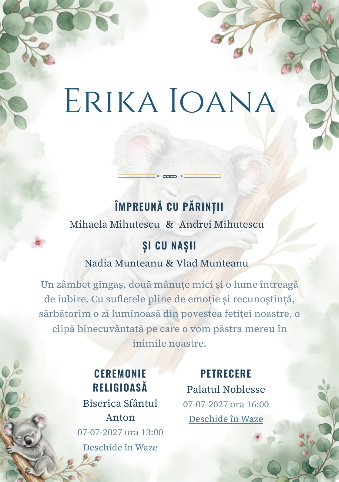 Koala Adormit, din gama de invitații botez, are ca reper vizual un koala dormitând pe o ramură de eucalipt; compoziția include frunze rotunde, boboci și ceață vegetală.