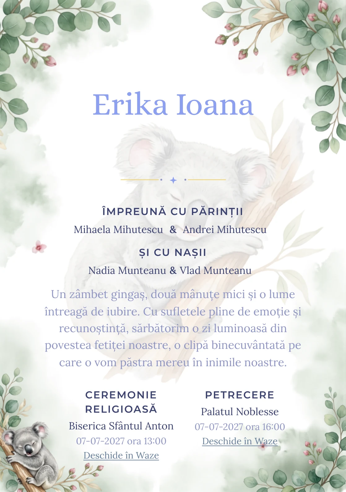 Koala Adormit, din gama de invitații botez, are ca reper vizual un koala dormitând pe o ramură de eucalipt; compoziția include frunze rotunde, boboci și ceață vegetală.