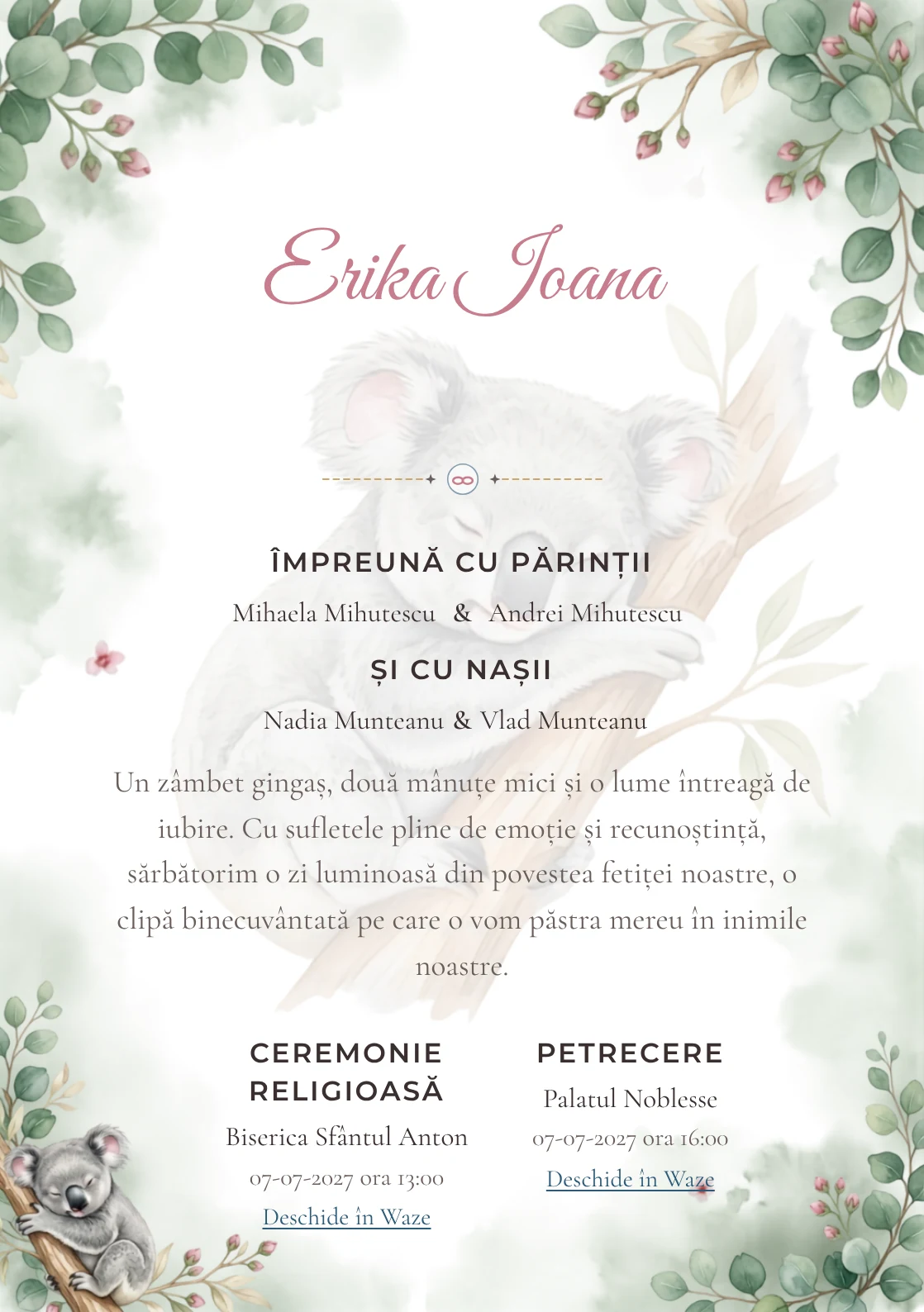 Koala Adormit, din gama de invitații botez, are ca reper vizual un koala dormitând pe o ramură de eucalipt; compoziția include frunze rotunde, boboci și ceață vegetală.