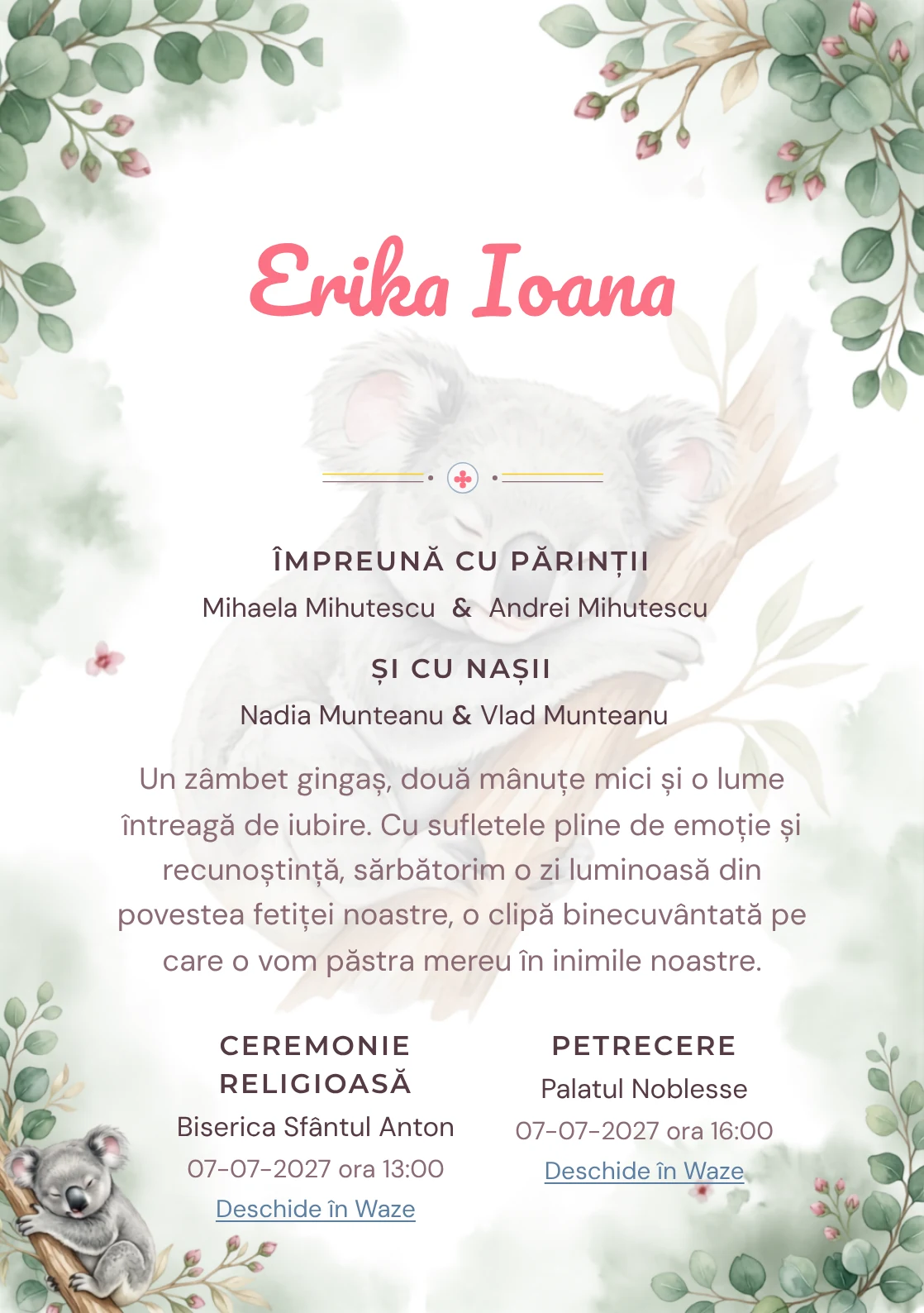 Koala Adormit, din gama de invitații botez, are ca reper vizual un koala dormitând pe o ramură de eucalipt; compoziția include frunze rotunde, boboci și ceață vegetală.