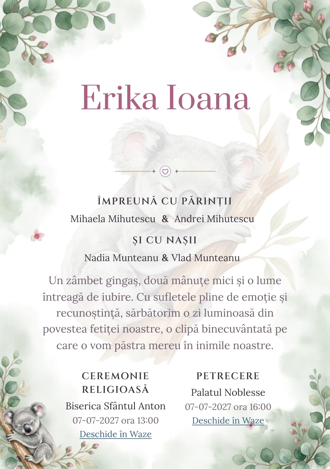 Koala Adormit, din gama de invitații botez, are ca reper vizual un koala dormitând pe o ramură de eucalipt; compoziția include frunze rotunde, boboci și ceață vegetală.