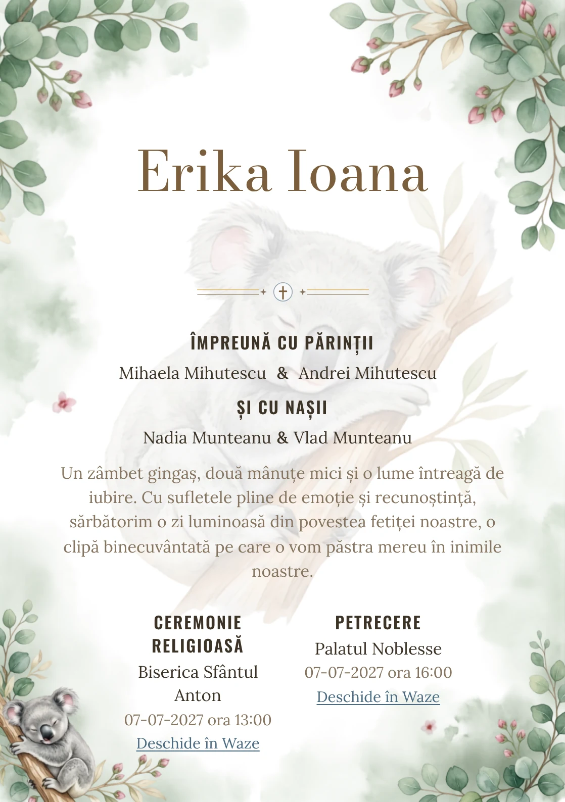 Koala Adormit, din gama de invitații botez, are ca reper vizual un koala dormitând pe o ramură de eucalipt; compoziția include frunze rotunde, boboci și ceață vegetală.