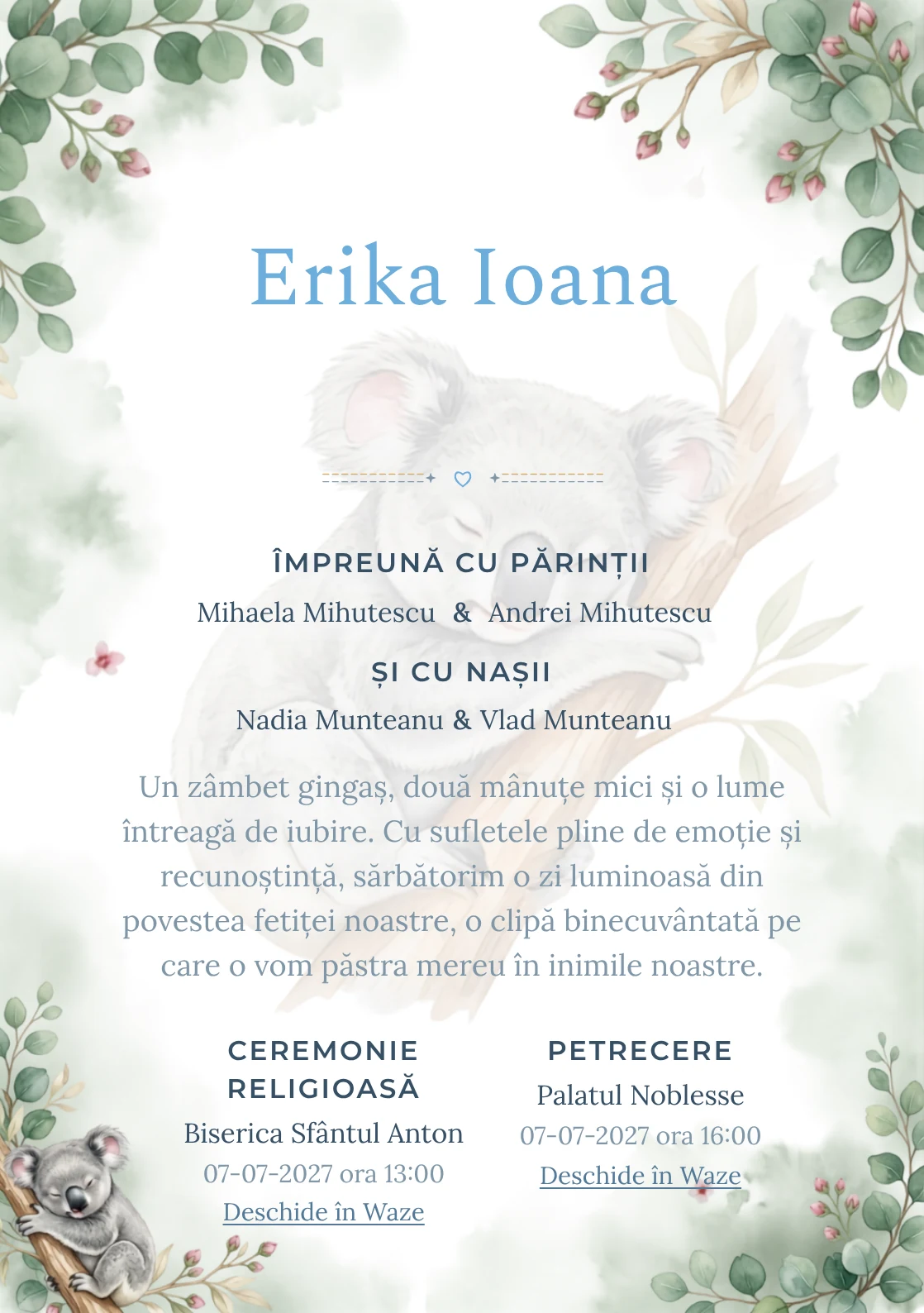 Koala Adormit, din gama de invitații botez, are ca reper vizual un koala dormitând pe o ramură de eucalipt; compoziția include frunze rotunde, boboci și ceață vegetală.