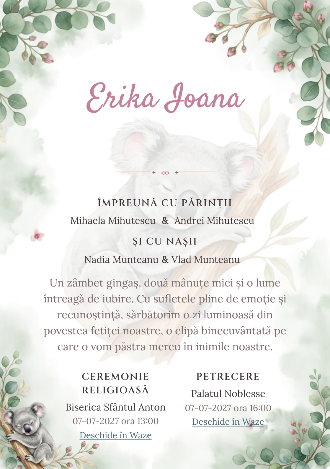 Koala Adormit, din gama de invitații botez, are ca reper vizual un koala dormitând pe o ramură de eucalipt; compoziția include frunze rotunde, boboci și ceață vegetală.