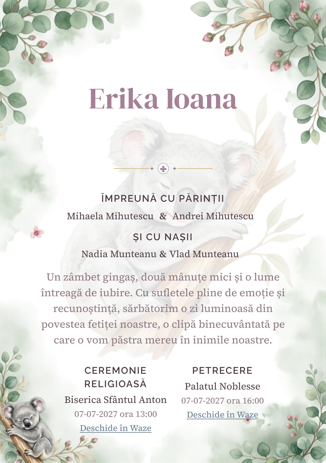 Koala Adormit, din gama de invitații botez, are ca reper vizual un koala dormitând pe o ramură de eucalipt; compoziția include frunze rotunde, boboci și ceață vegetală.