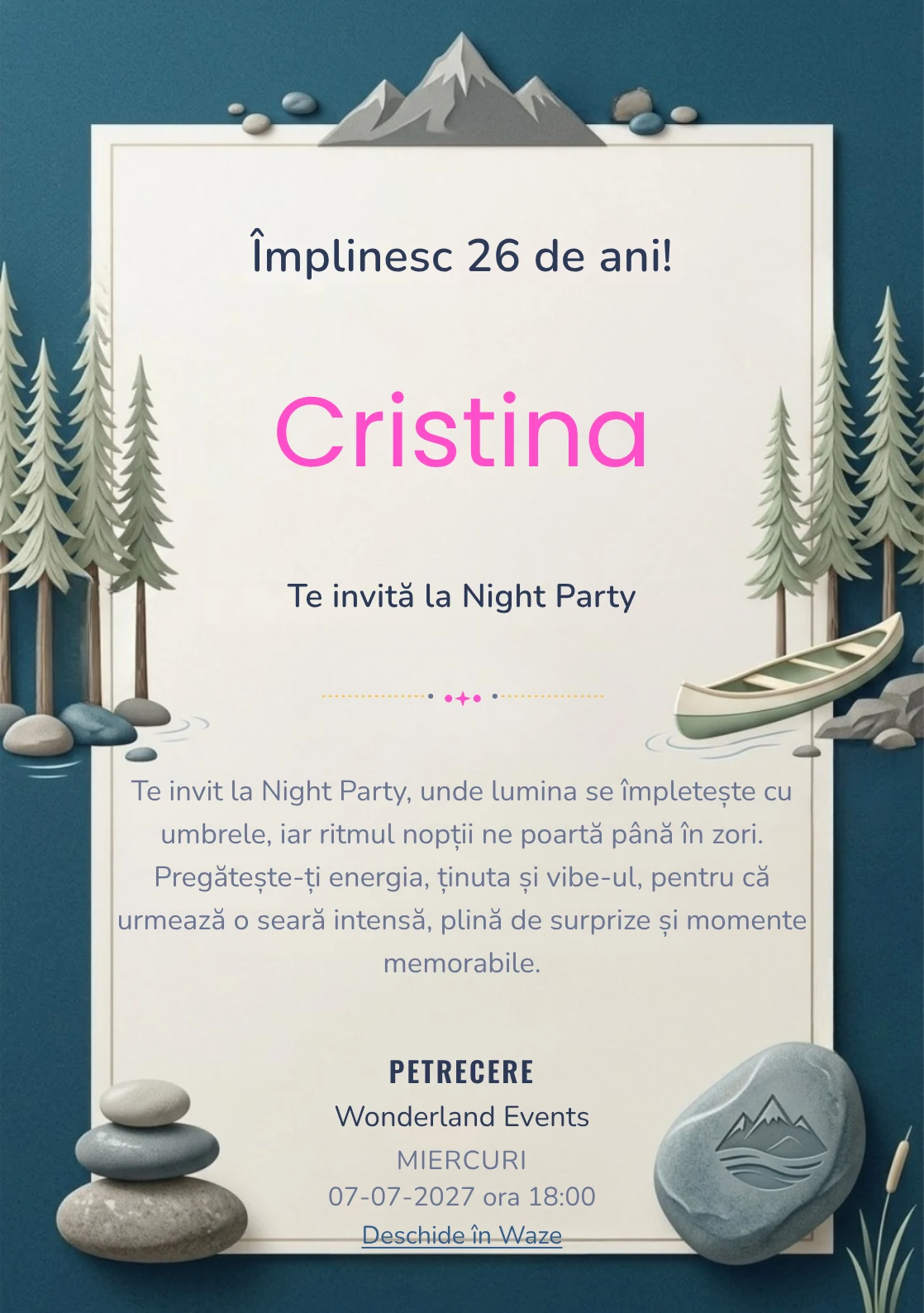 Lacul de Munte este un model de invitații online pentru o aniversare adultă, definit vizual de o canoe discretă și brazi.