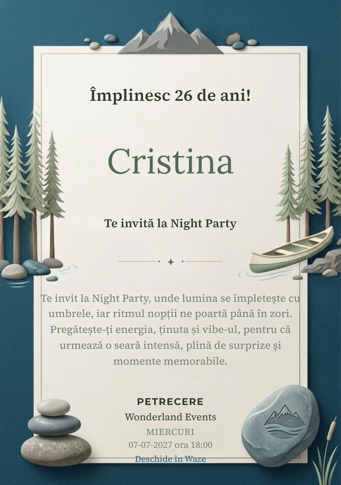 Lacul de Munte este un model de invitații online pentru o aniversare adultă, definit vizual de o canoe discretă și brazi.