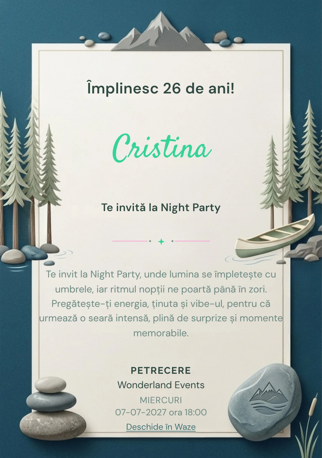 Lacul de Munte este un model de invitații online pentru o aniversare adultă, definit vizual de o canoe discretă și brazi.