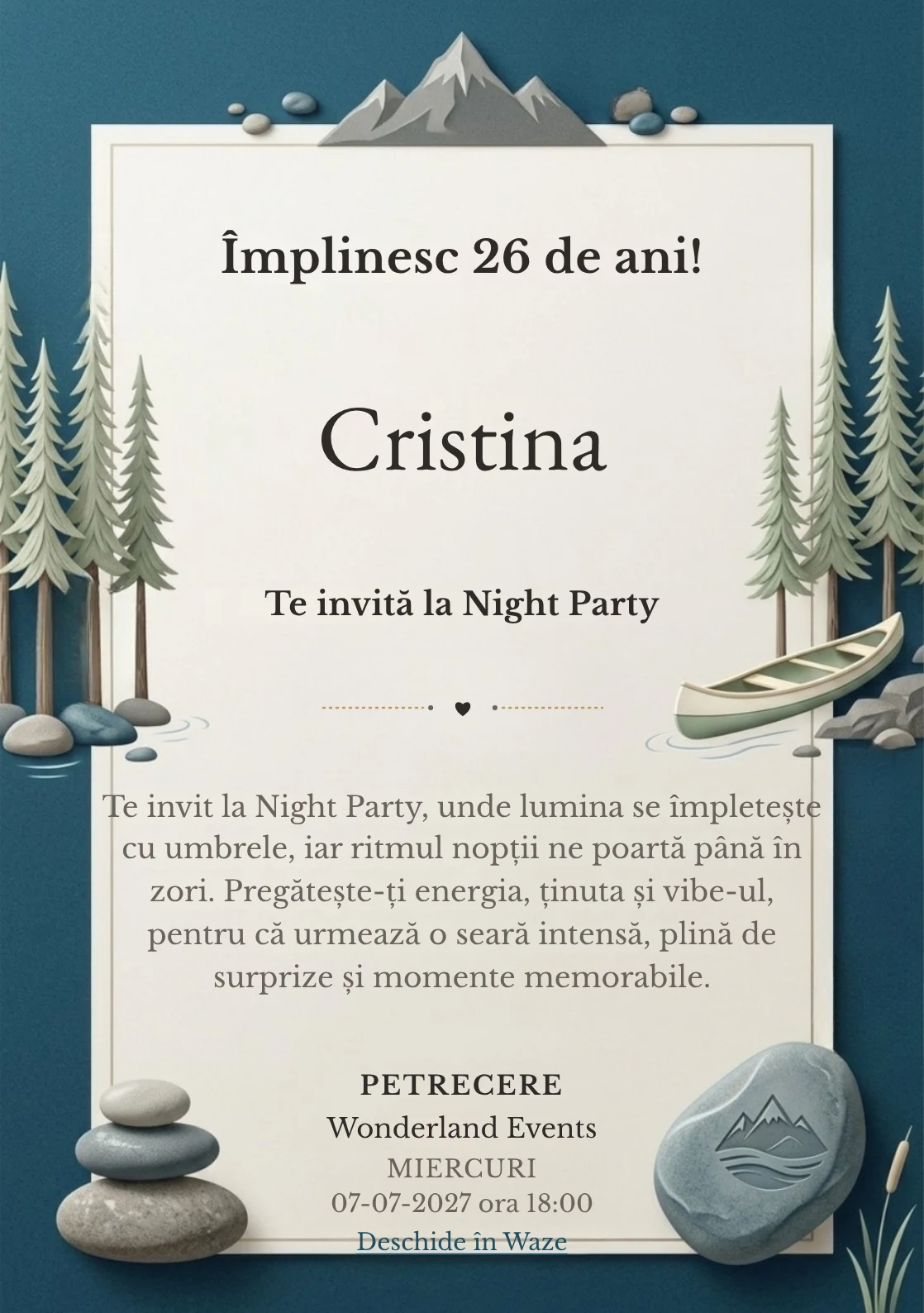 Lacul de Munte este un model de invitații online pentru o aniversare adultă, definit vizual de o canoe discretă și brazi.