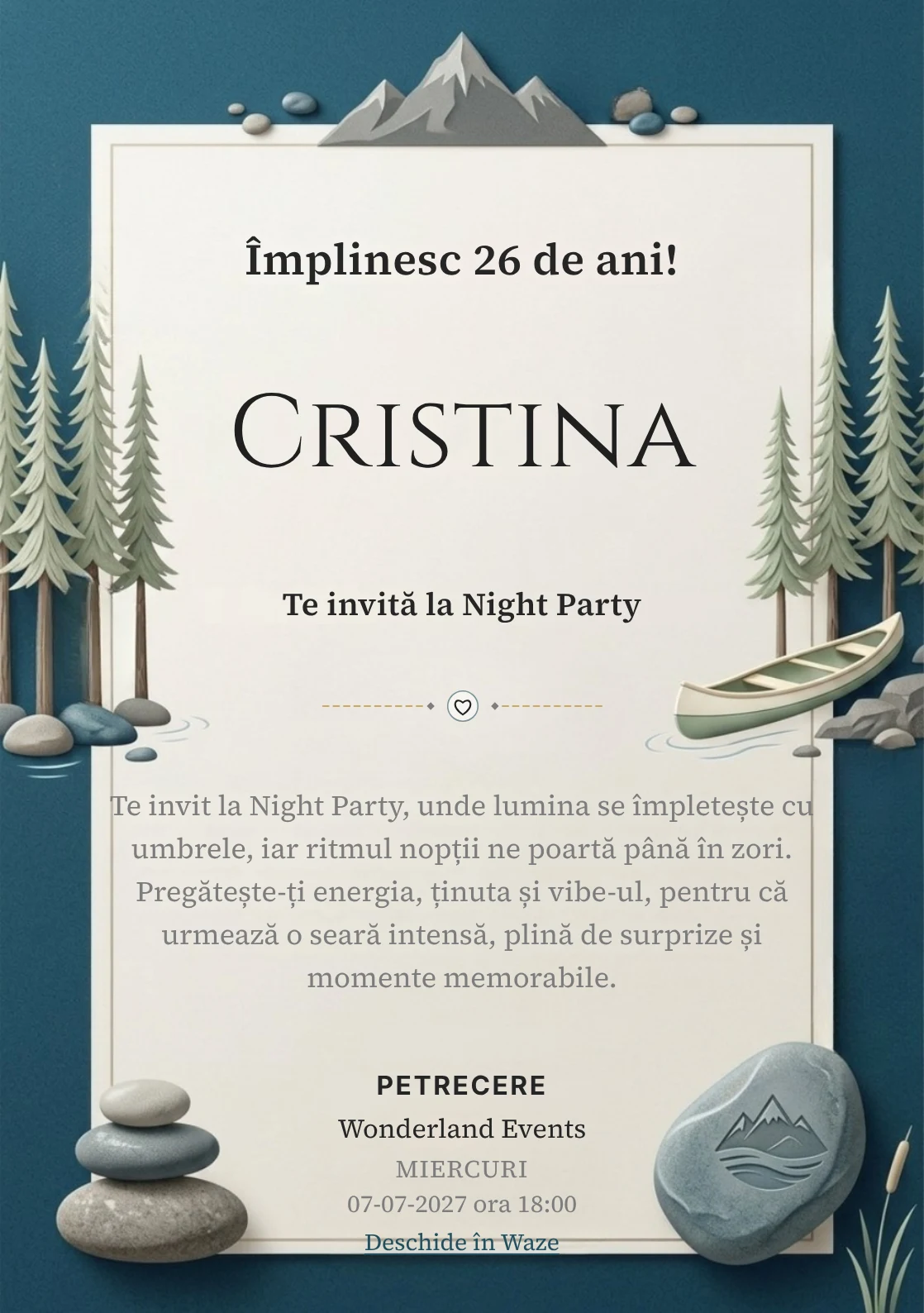 Lacul de Munte este un model de invitații online pentru o aniversare adultă, definit vizual de o canoe discretă și brazi.