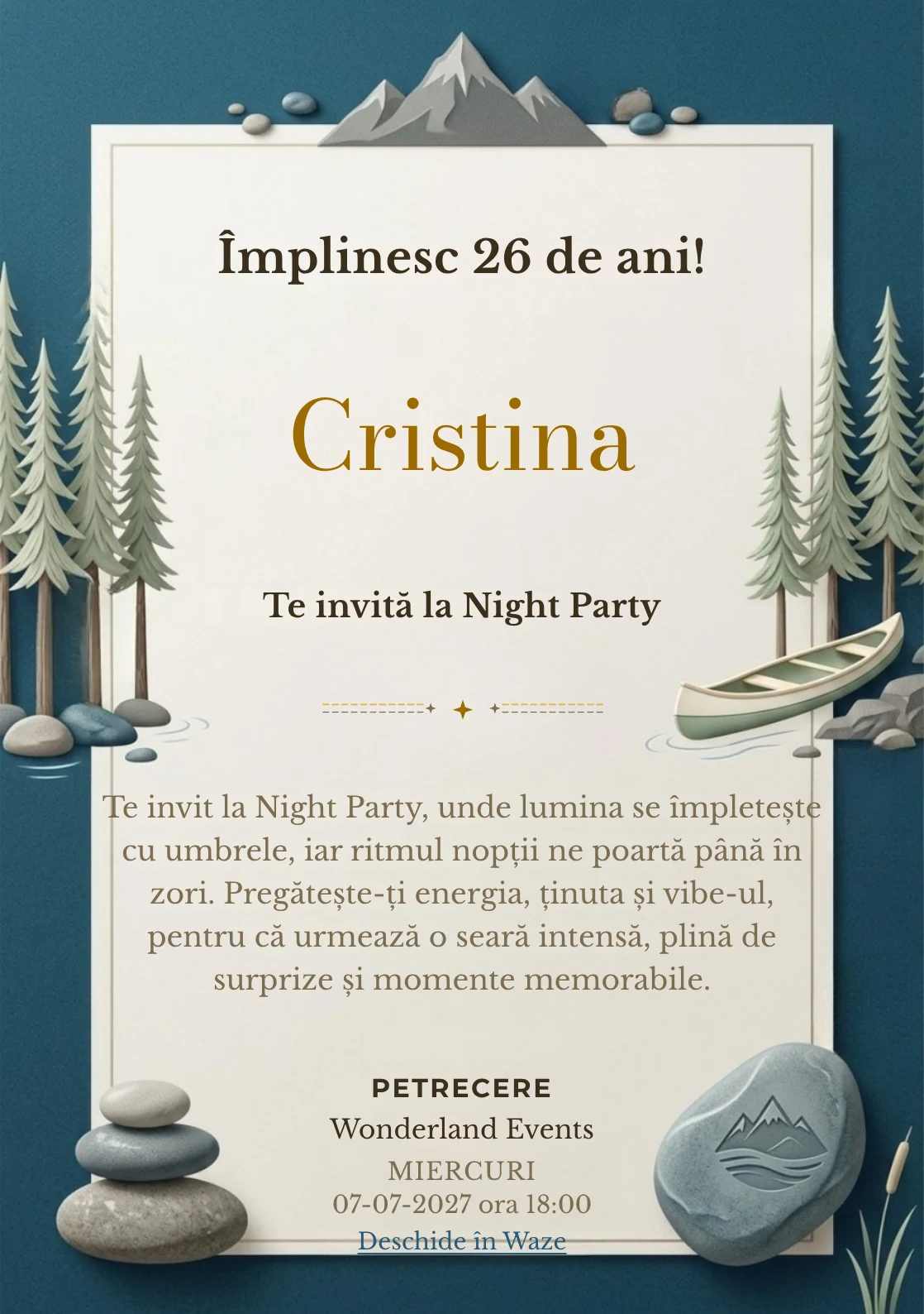 Lacul de Munte este un model de invitații online pentru o aniversare adultă, definit vizual de o canoe discretă și brazi.