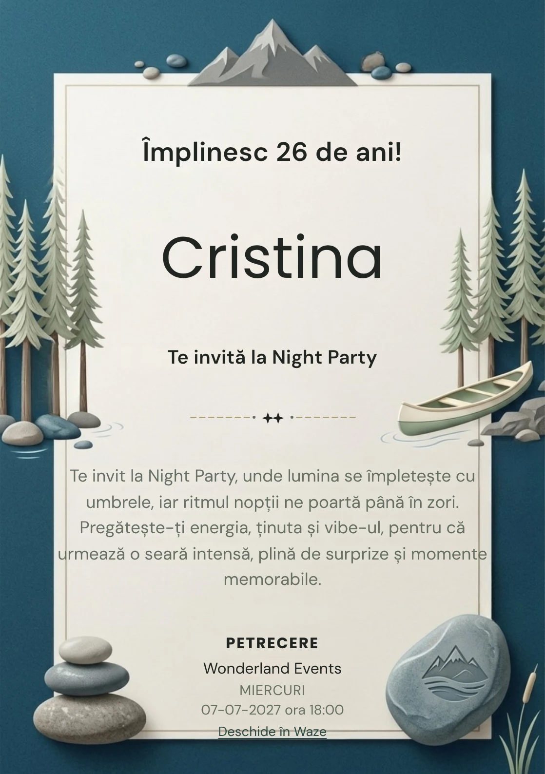 Lacul de Munte este un model de invitații online pentru o aniversare adultă, definit vizual de o canoe discretă și brazi.