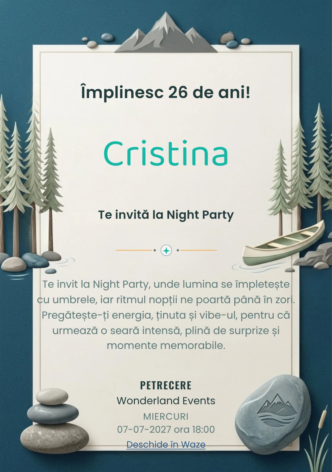 Lacul de Munte este un model de invitații online pentru o aniversare adultă, definit vizual de o canoe discretă și brazi.
