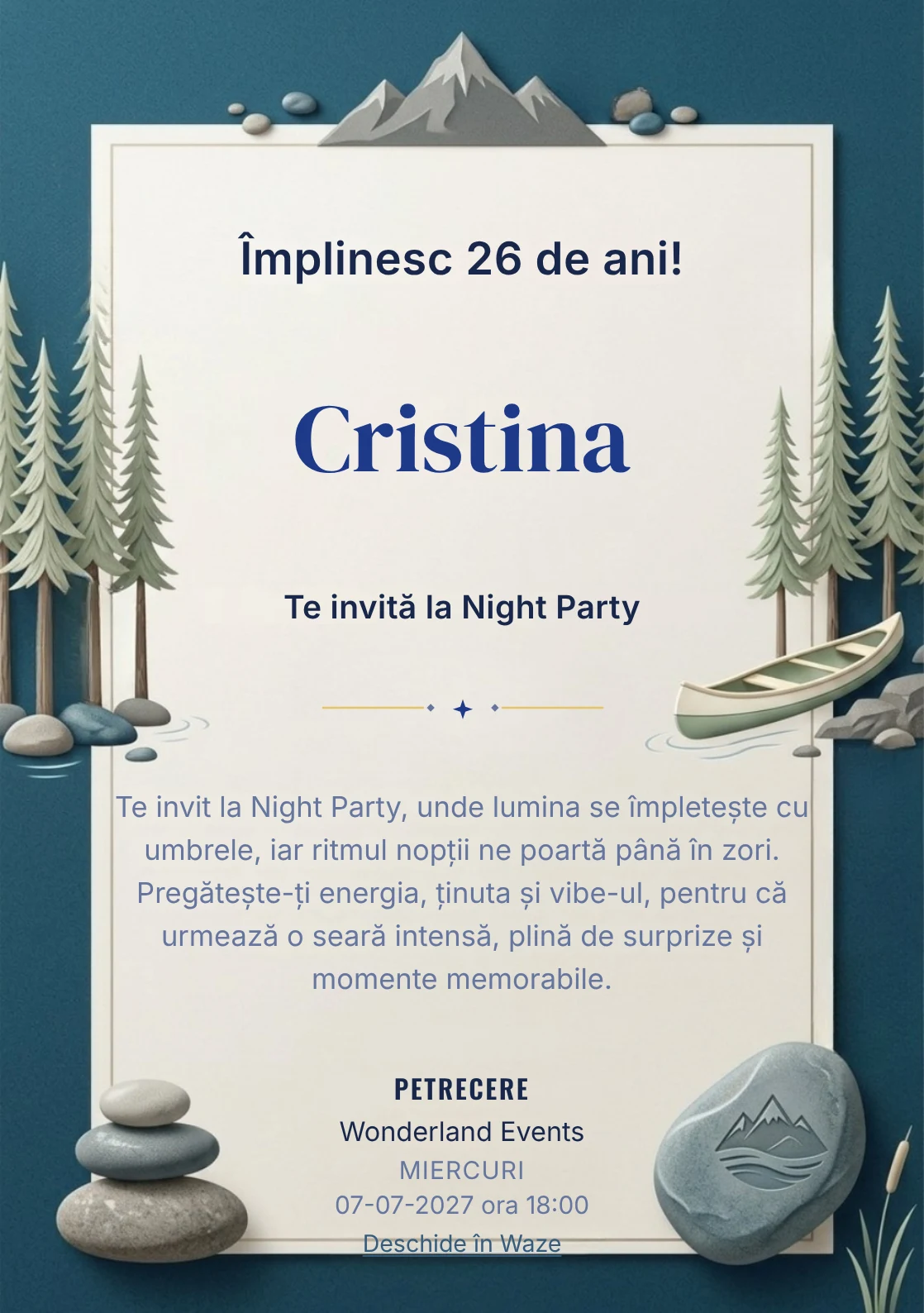 Lacul de Munte este un model de invitații online pentru o aniversare adultă, definit vizual de o canoe discretă și brazi.