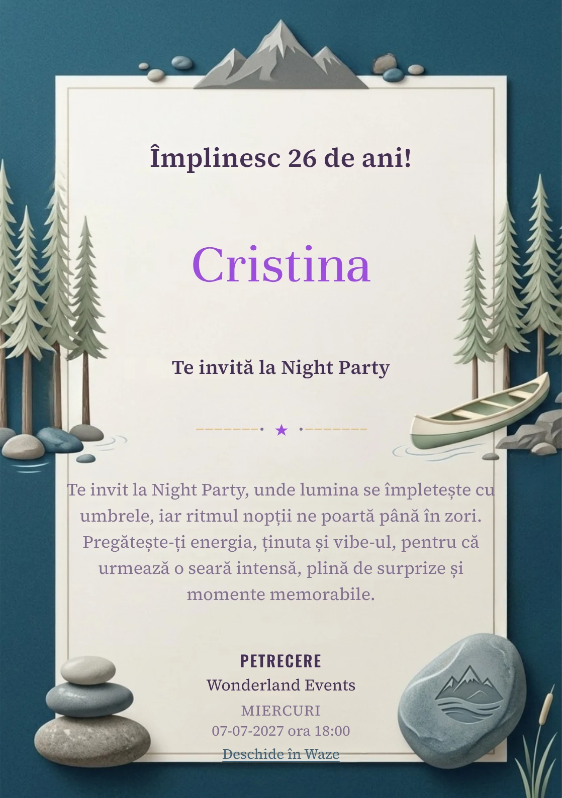 Lacul de Munte este un model de invitații online pentru o aniversare adultă, definit vizual de o canoe discretă și brazi.