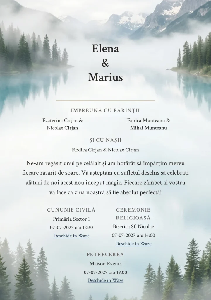 Lacul din Ceață, pentru o invitație de nuntă, prezintă lac alpin cu reflexie liniștită, completat vizual de nuanțe de albastru lac, verde pin ceață și gri munte.