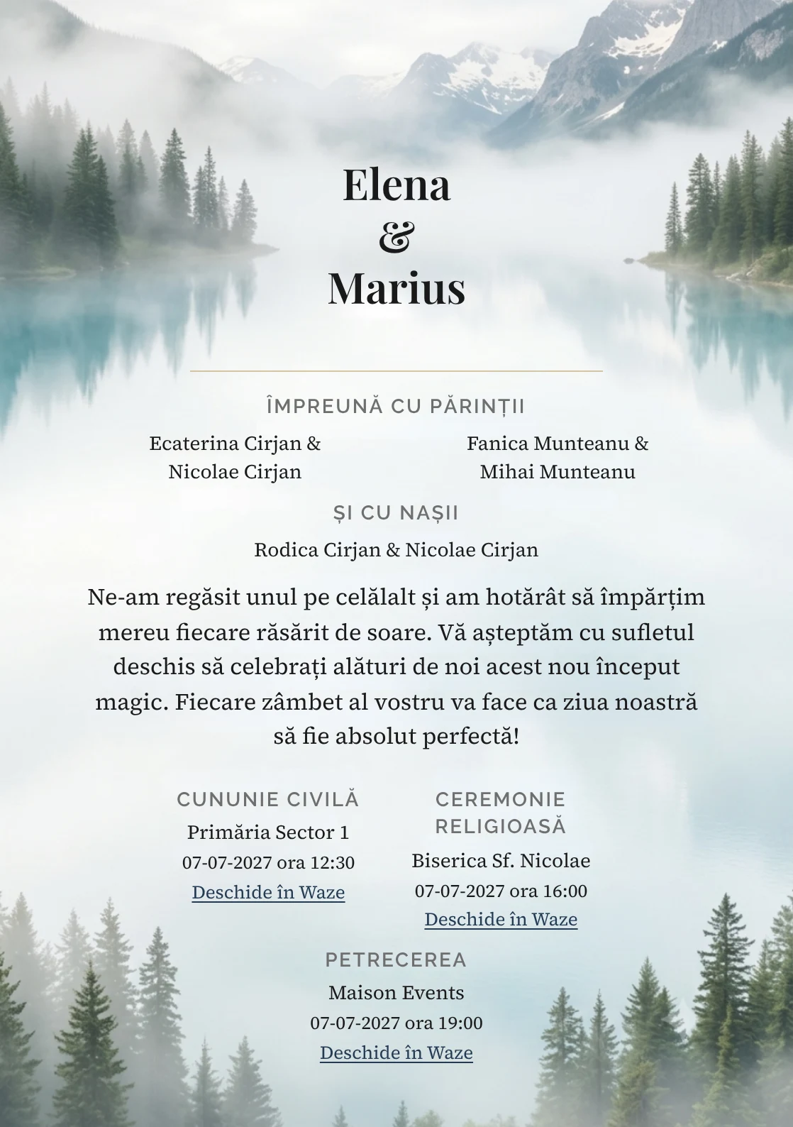 Lacul din Ceață, pentru o invitație de nuntă, prezintă lac alpin cu reflexie liniștită, completat vizual de nuanțe de albastru lac, verde pin ceață și gri munte.