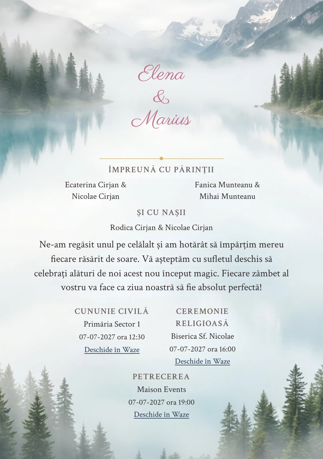 Lacul din Ceață, pentru o invitație de nuntă, prezintă lac alpin cu reflexie liniștită, completat vizual de nuanțe de albastru lac, verde pin ceață și gri munte.