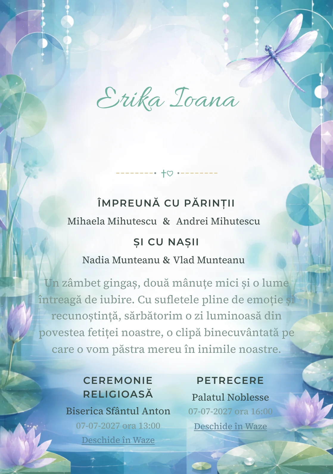Imaginea Lacul Libelulelor, din gama de invitații digitale botez, pune în valoare o libelulă mare deasupra unui lac cu nuferi, cu valuri, frunze rotunde și reflexii moi.