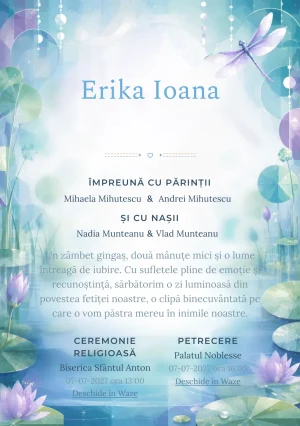 Imaginea Lacul Libelulelor, din gama de invitații digitale botez, pune în valoare o libelulă mare deasupra unui lac cu nuferi, cu valuri, frunze rotunde și reflexii moi.