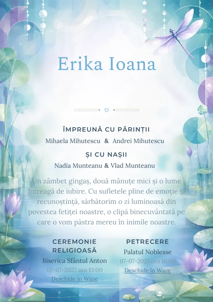 Imaginea Lacul Libelulelor, din gama de invitații digitale botez, pune în valoare o libelulă mare deasupra unui lac cu nuferi, cu valuri, frunze rotunde și reflexii moi.