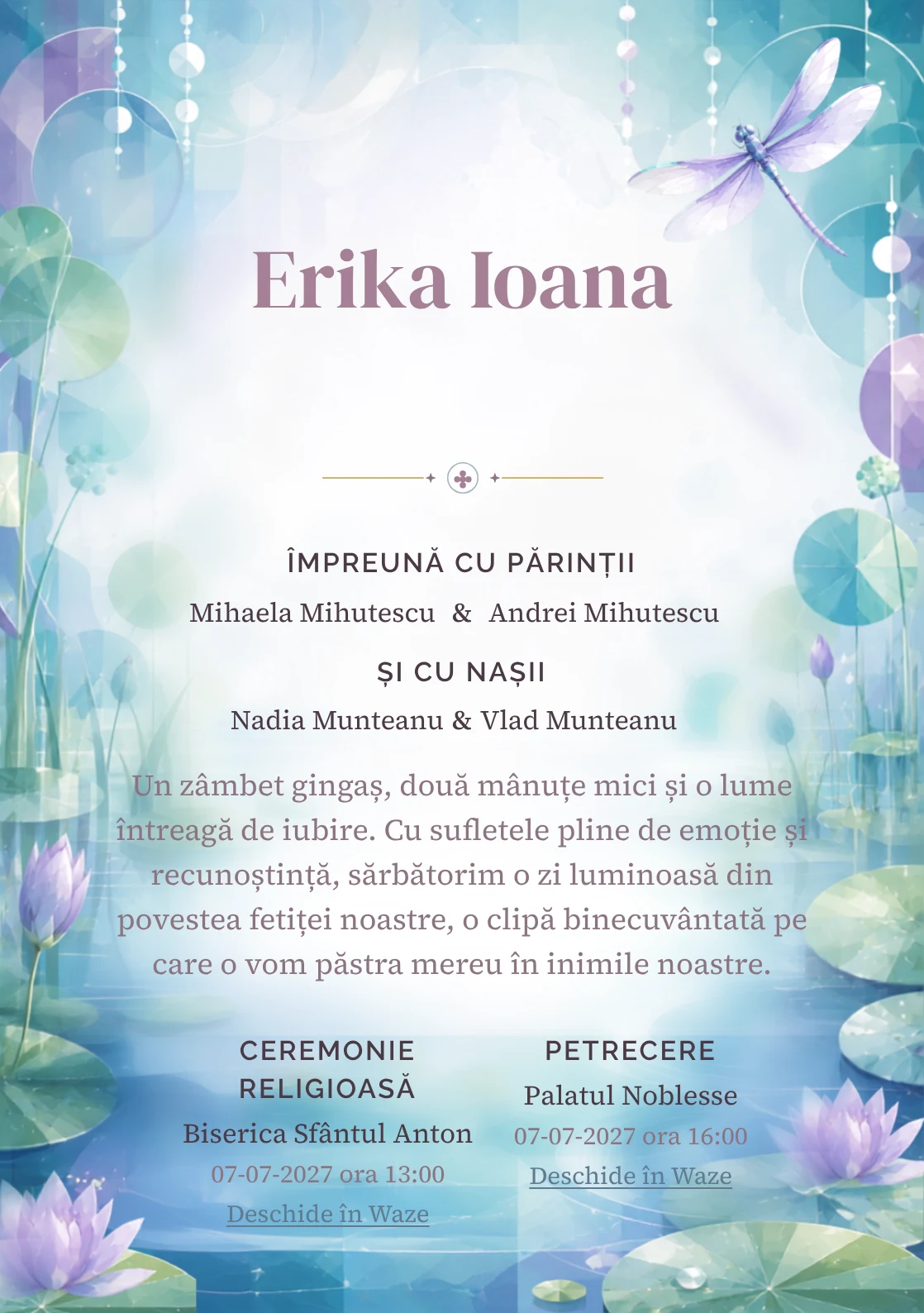 Imaginea Lacul Libelulelor, din gama de invitații digitale botez, pune în valoare o libelulă mare deasupra unui lac cu nuferi, cu valuri, frunze rotunde și reflexii moi.