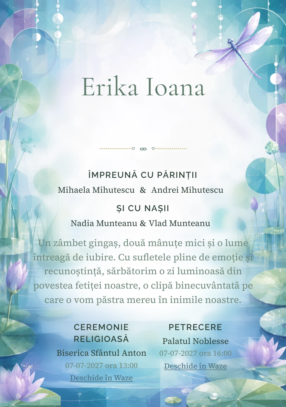 Imaginea Lacul Libelulelor, din gama de invitații digitale botez, pune în valoare o libelulă mare deasupra unui lac cu nuferi, cu valuri, frunze rotunde și reflexii moi.