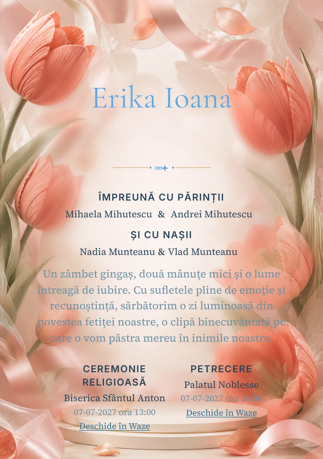 Compoziția Lalele Plisate, pentru o invitație de botez, pune accent pe lalele mari construite din pliuri textile și include panglici, petale satinate și umbre de podium.