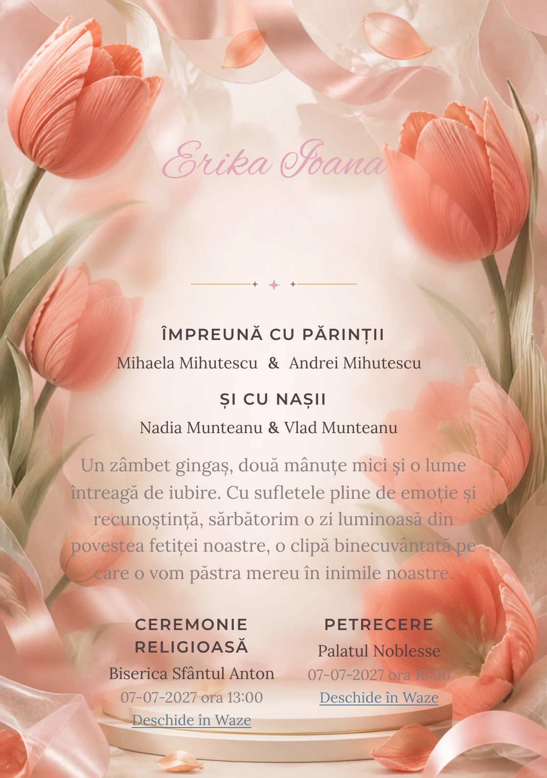 Compoziția Lalele Plisate, pentru o invitație de botez, pune accent pe lalele mari construite din pliuri textile și include panglici, petale satinate și umbre de podium.