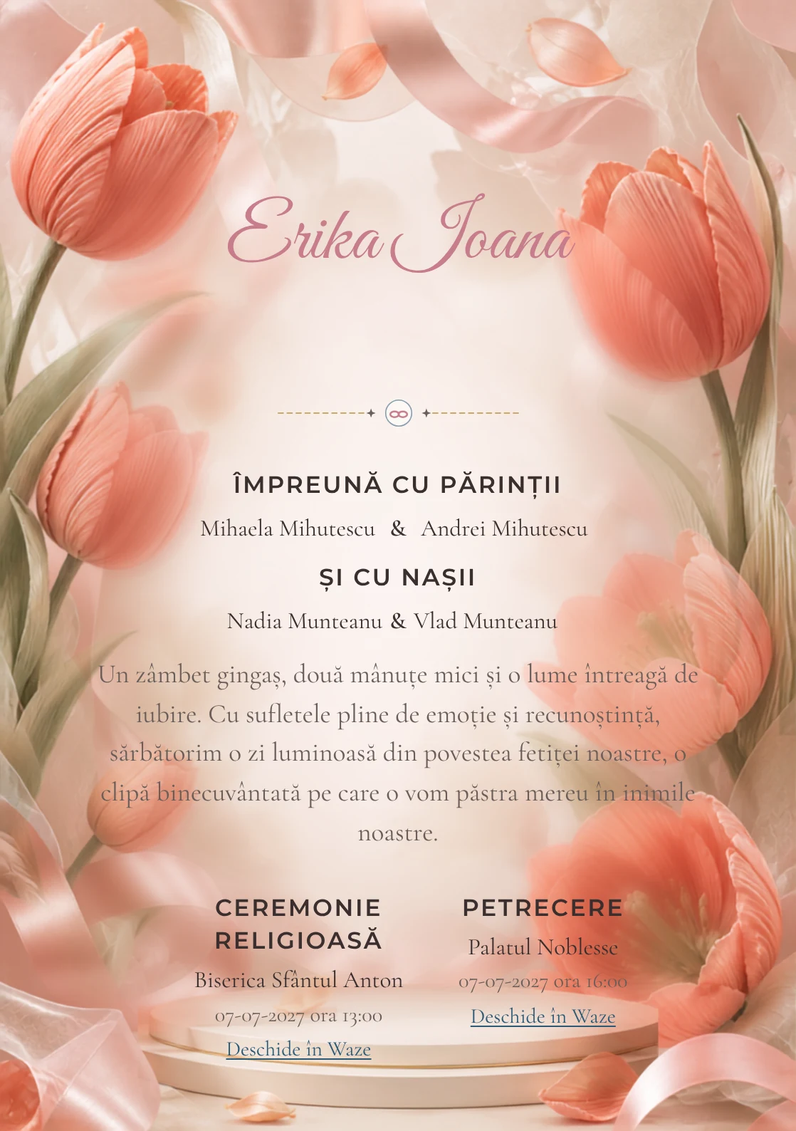 Compoziția Lalele Plisate, pentru o invitație de botez, pune accent pe lalele mari construite din pliuri textile și include panglici, petale satinate și umbre de podium.