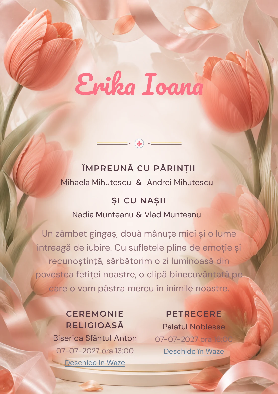 Compoziția Lalele Plisate, pentru o invitație de botez, pune accent pe lalele mari construite din pliuri textile și include panglici, petale satinate și umbre de podium.